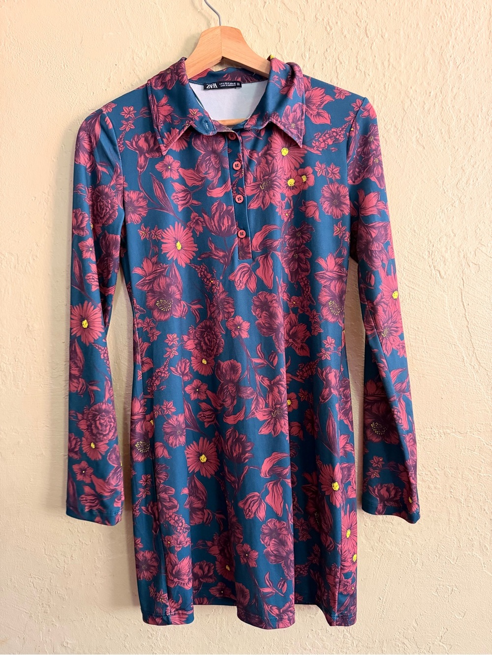 Zara Teal Mini Dress with Pink Floral Print